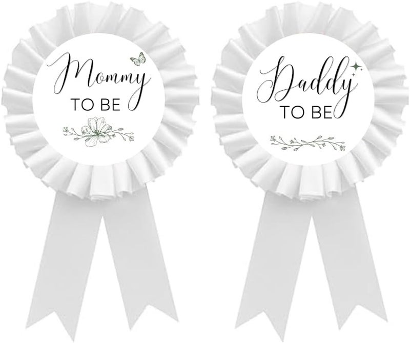 PATICARRY Green Sage Daddy to Be & Mom to Be Tinplate Badge Pin - Baby Shower Button New Mom Gifts Gender Reveals Party for Girl or Boy, White Rosette Button for Baby Celebration - Welcome. - Image 1